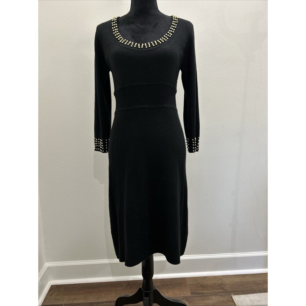 Maggy London Womens L Black with Gold detail Merino Blend Sweater Scoop Neck